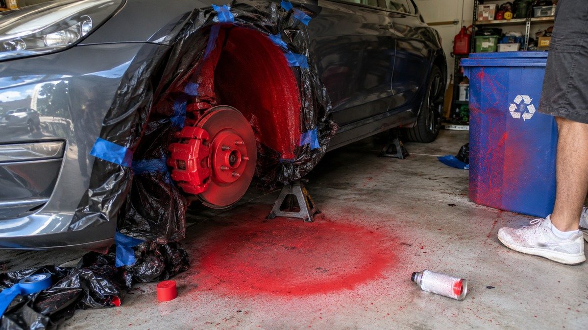 Dramatized scene: red spray-paint overspray across a garage floor beside a car on jack stands