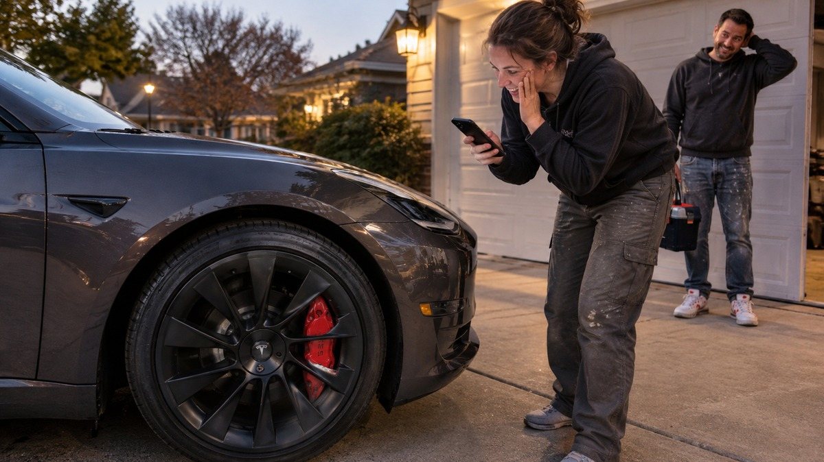Dramatized scene: a woman smiles at the red caliper cover on her grey Model 3 at dusk
