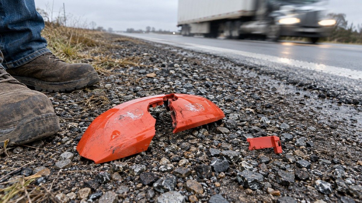 Dramatized scene: a cheap plastic caliper cover cracked in half on a highway shoulder
