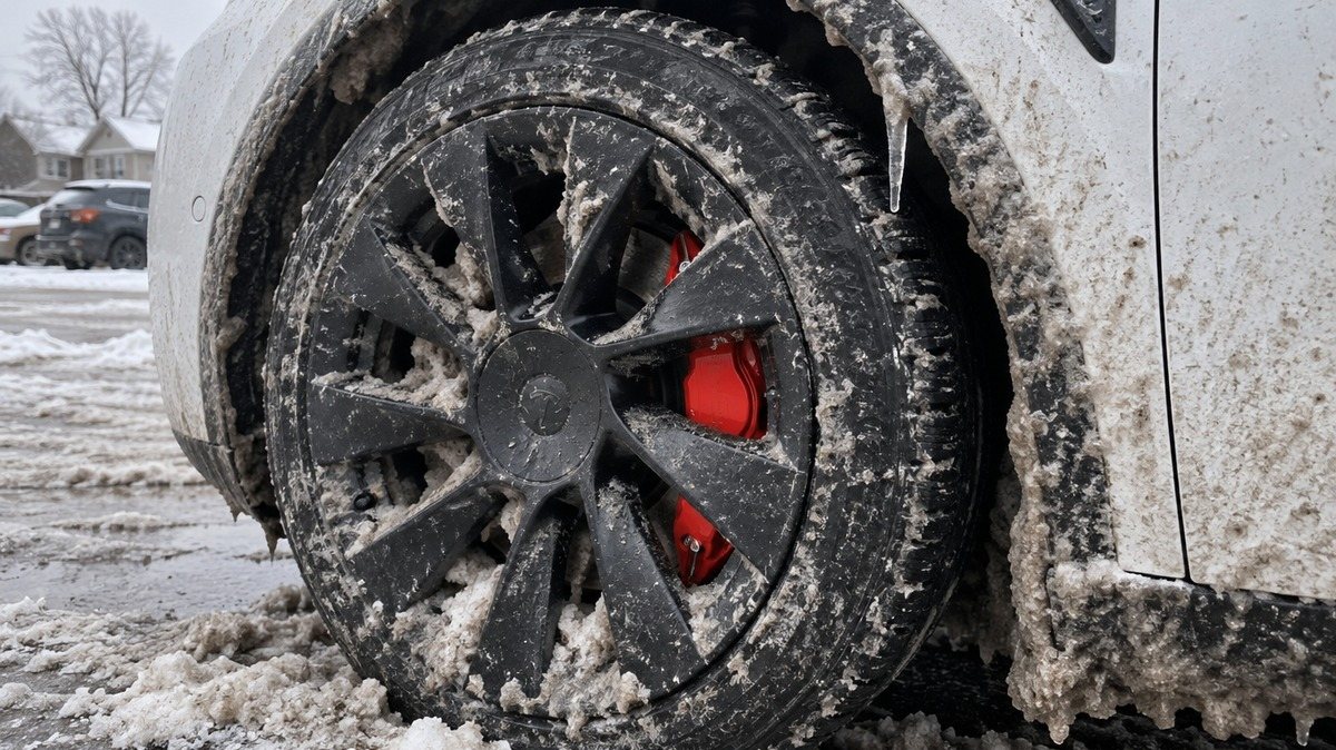 Dramatized scene: road salt and slush caked on a white Model Y wheel with the red caliper cover still in place