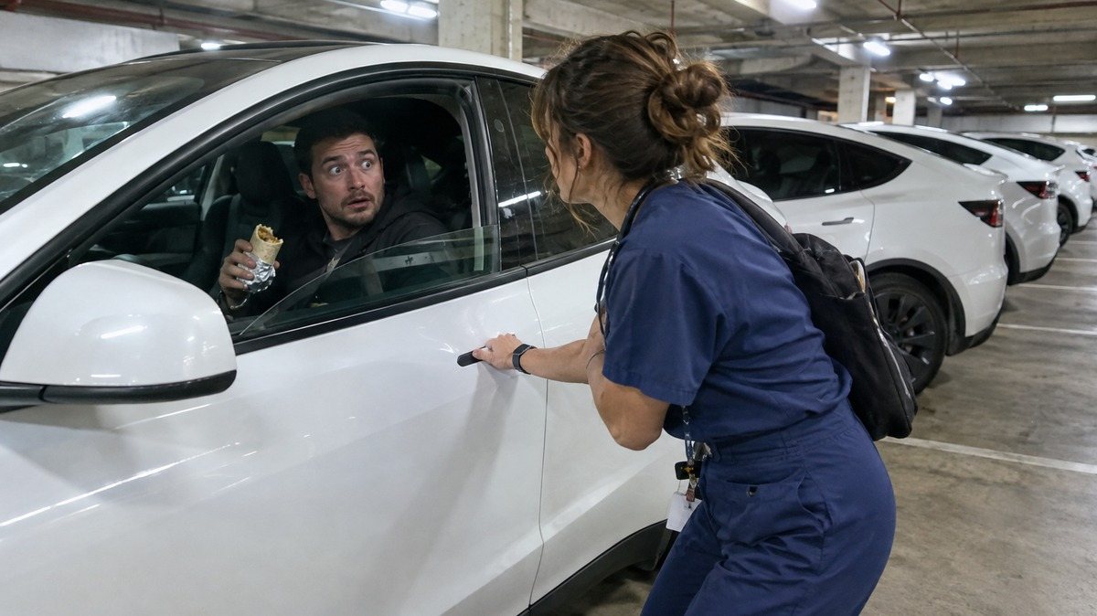 Dramatized scene: a nurse pulls the door handle of the wrong white Model Y while the startled owner looks up