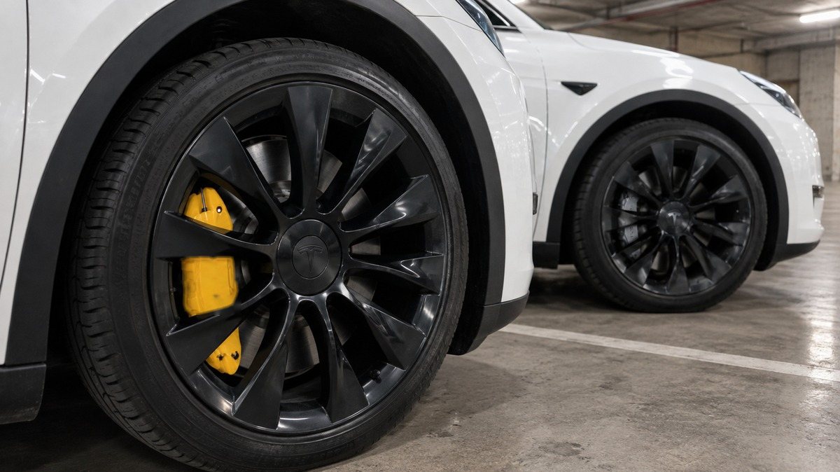 Dramatized scene: a white Model Y wheel with a yellow caliper cover next to another white Model Y with a gray caliper